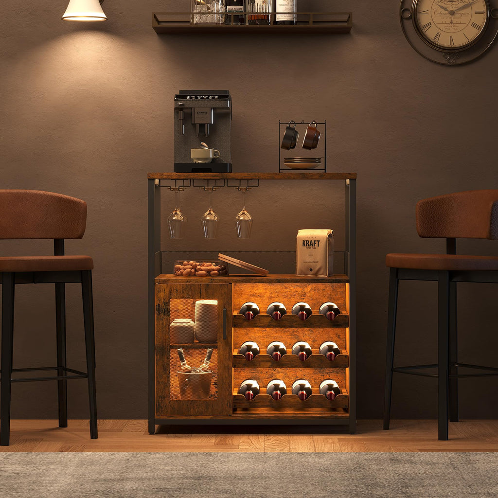 3-Tier Wine Bar Cabinet with Removable Wine Rack, Liquor Storage Cabinet with Glass Holder & Mesh Door, Coffee Bar Sideboard Buffet for Living Room or Dining Room, Gray