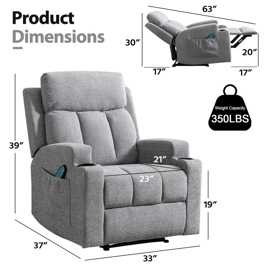 CANMOV Manual Recliner Chair with Massage and Heat, Soft Fabric Recliner Chair with Overstuffed Arm and Back, Manual Reclining Single Sofa with 2 Cup Holders, Side Pocket for Living Room, Dark Grey