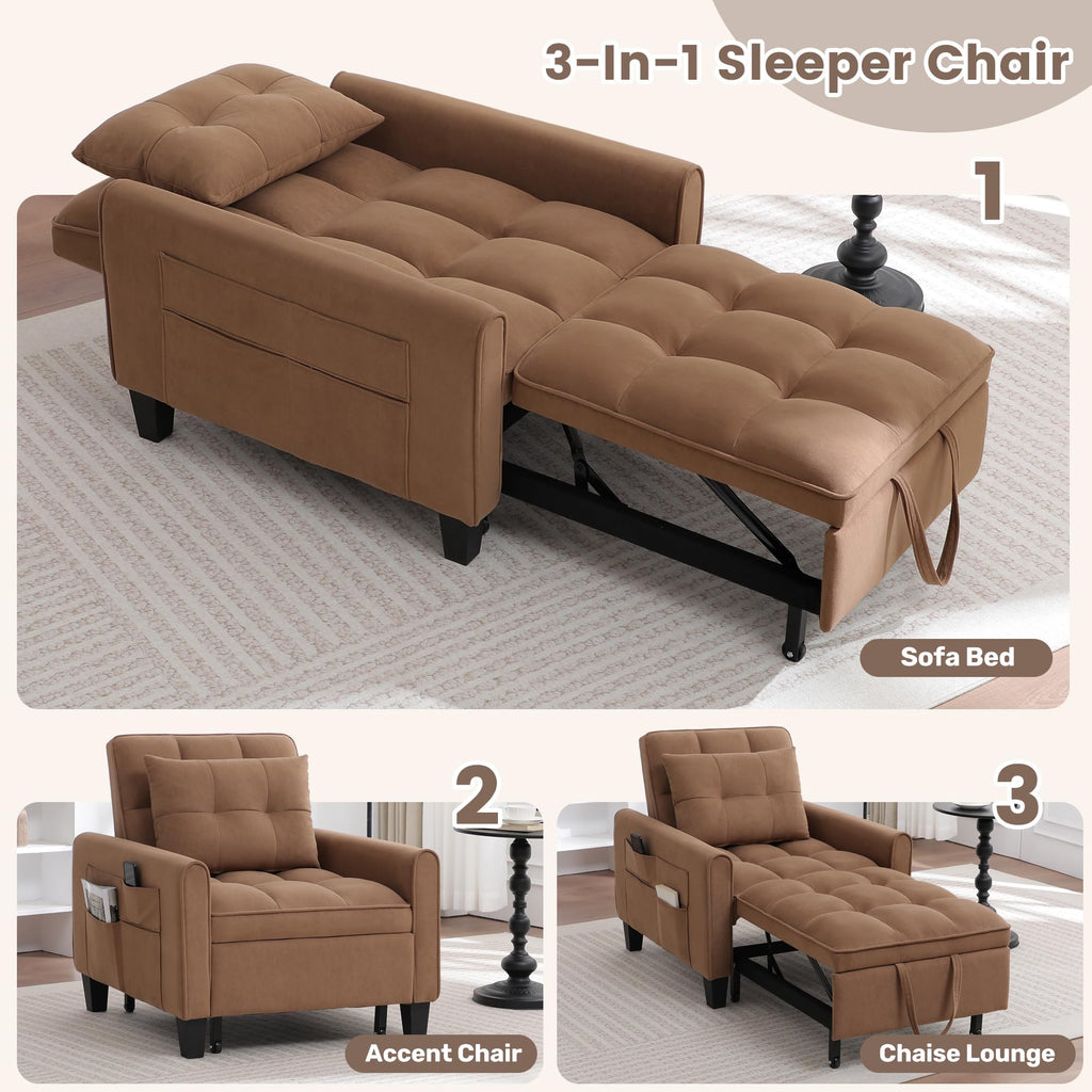 Convertible Sleeper Chair, 3 in 1 Sleeper Chair Bed Pull Out Sofa Bed Chairs, Single Sofa with Adjustable Backrest for Adults Reading Living Room, Bedroom, Black