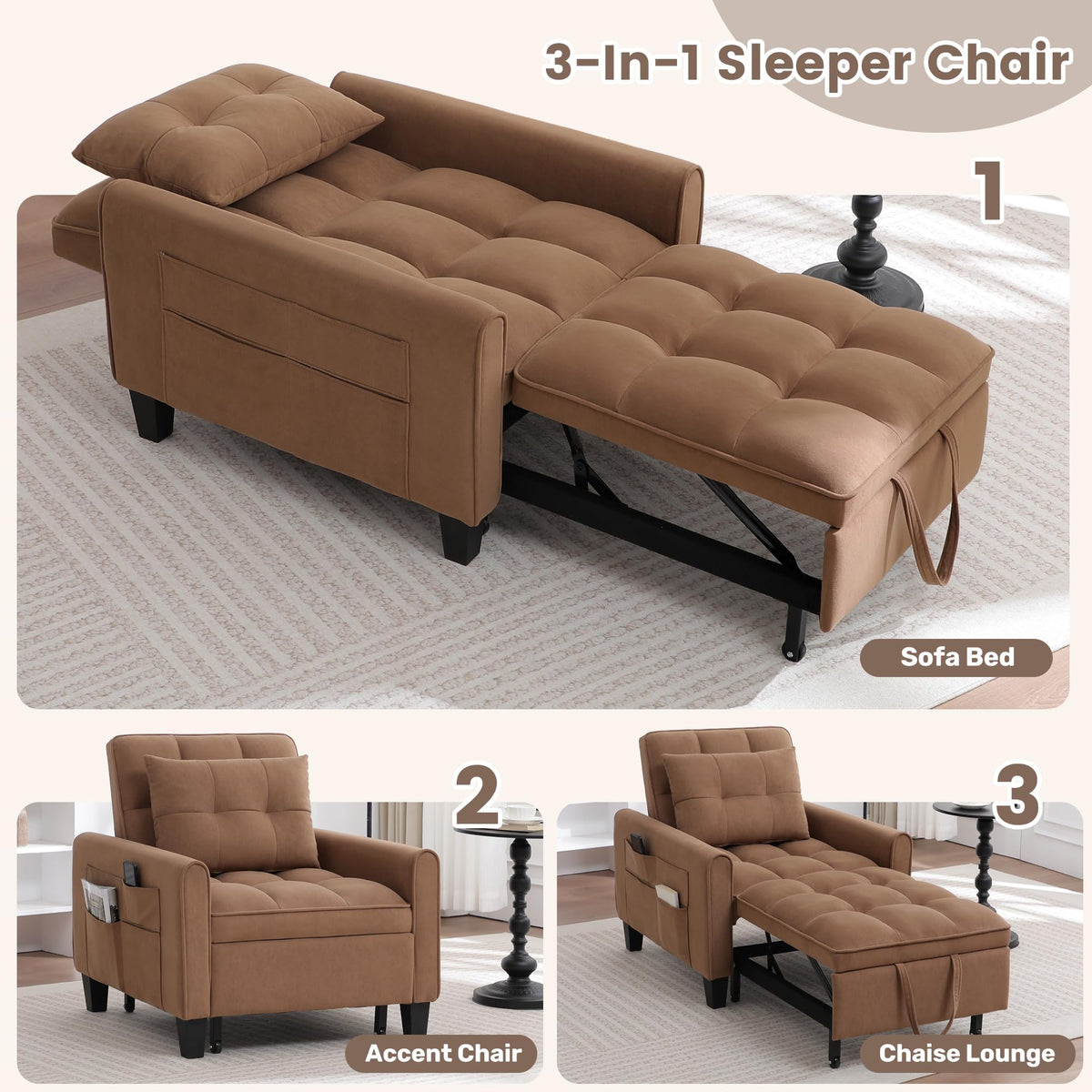 Convertible Sleeper Chair, 3 in 1 Sleeper Chair Bed Pull Out Sofa Bed Chairs, Single Sofa with Adjustable Backrest for Adults Reading Living Room, Bedroom, Black