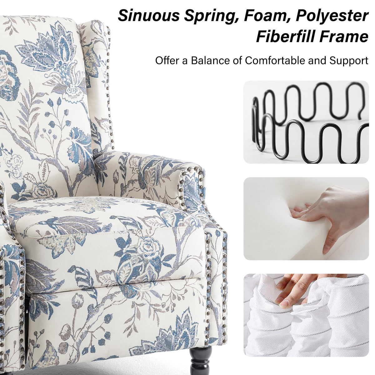 Wingback Floral Pushback Recliner Chair, Plants Beige, Set of 2
