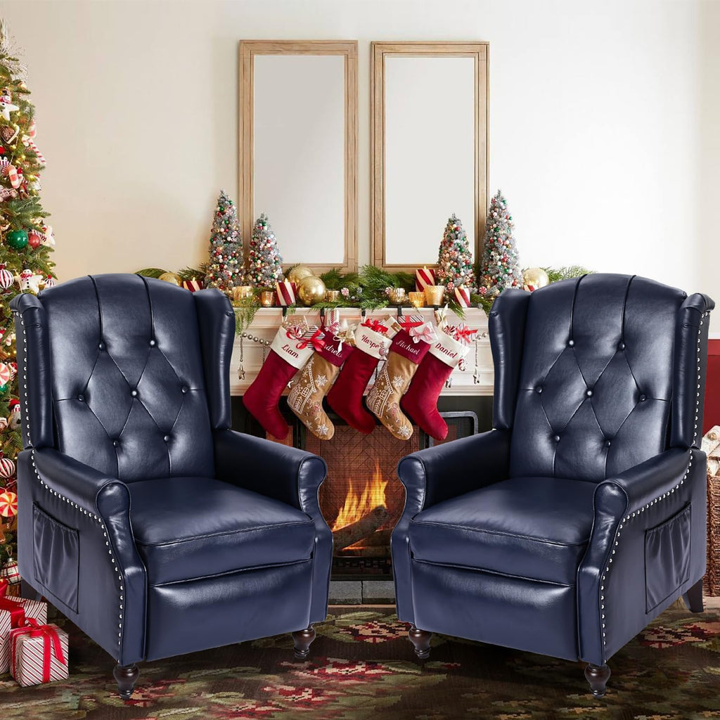 Wingback Recliner Chair - Tufted Arm Chair Recliner - Fabric Push Back Single Sofa for Living Room Adjustable Backrest (Blue Floral)
