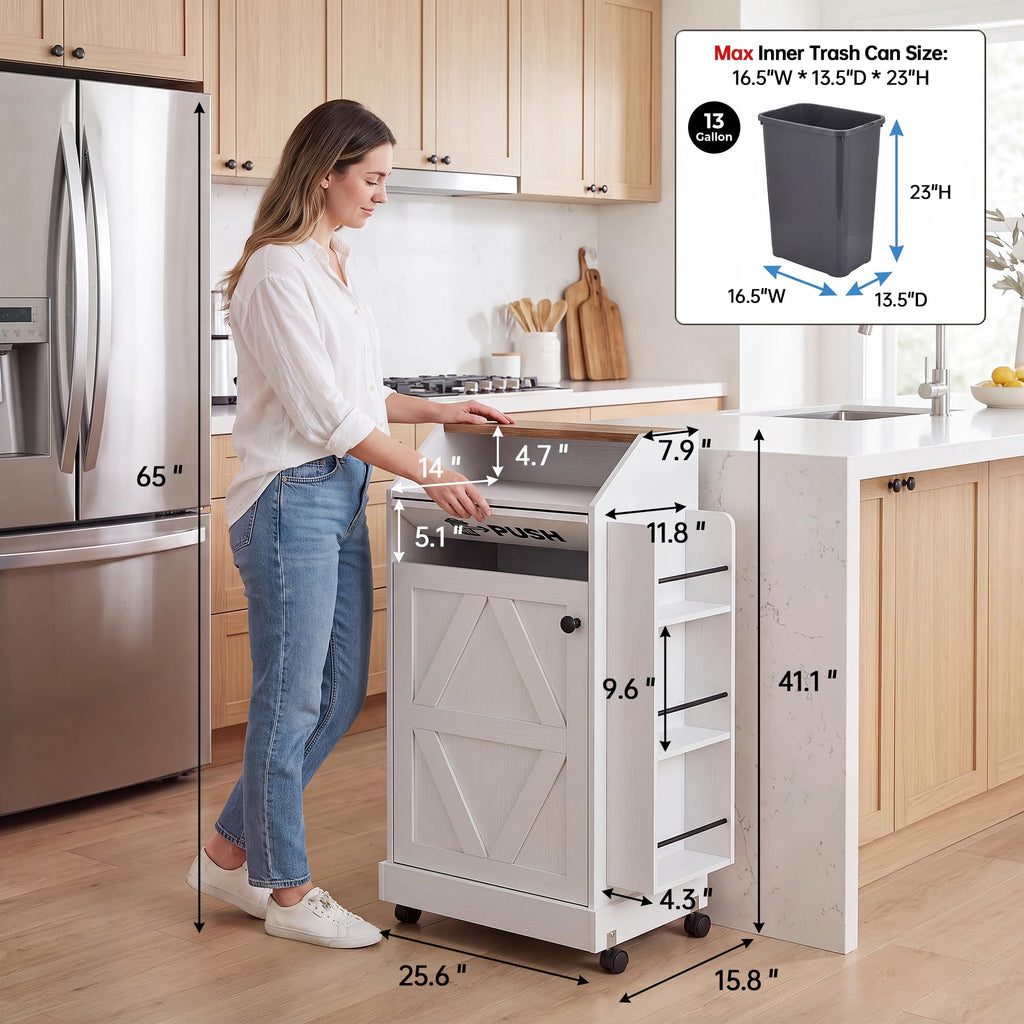 YESHOMY Kitchen Island on Wheels with Trash Cabinet, White & Brown