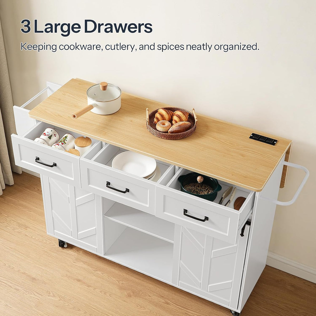 HOOBRO Kitchen Island with Drop Leaf, Rolling Kitchen Cart on Wheels with Power Outlet, Sliding Barn Door Storage Cabinet, 3 Drawers & Spice Rack for Dining Room, White and Natural WN70UZD01