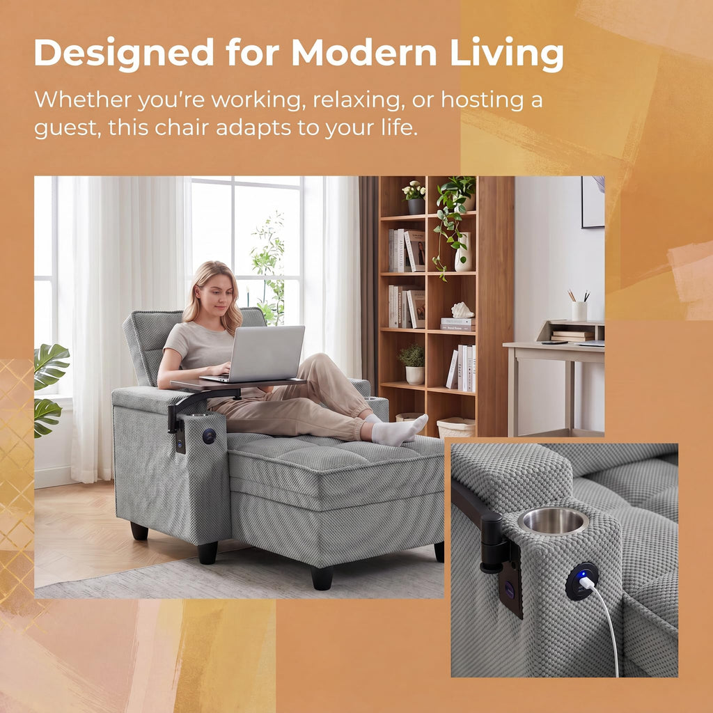 Convertible Sleeper Chair, Pull Out Sofa Bed with Adjustable Backrest & Hidden Storage Armrest, Single Sofa Recliner with USB Charging Port & Cup Holders for Living Room, Bedroom, Dark Gray