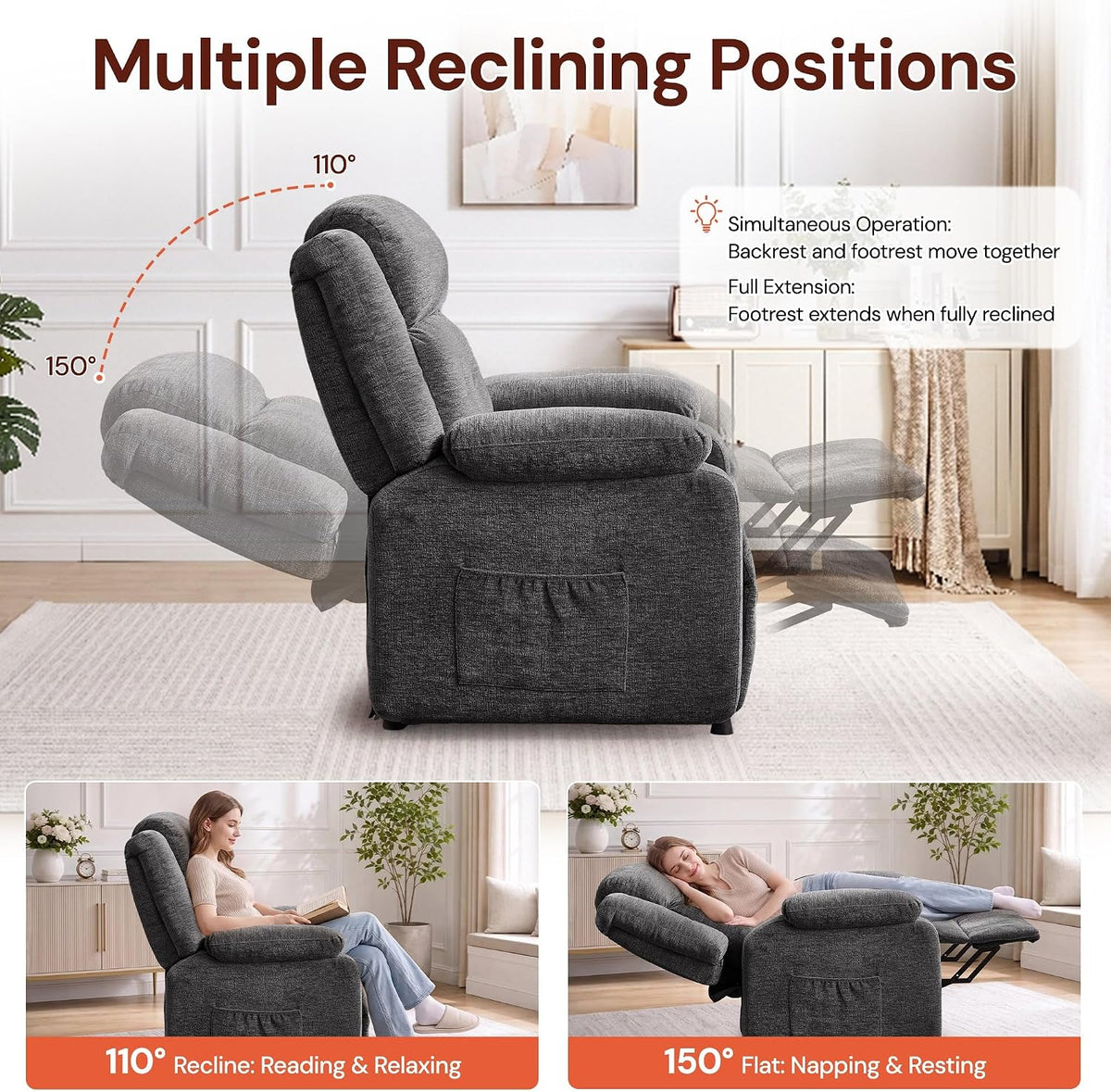 Korser Power Recliner Chair for Adults, Oversized Electric Recliner with Thickened Cushions, Reclining Chair for Bedroom, Living Room Chairs with Side Pockets, Chenille