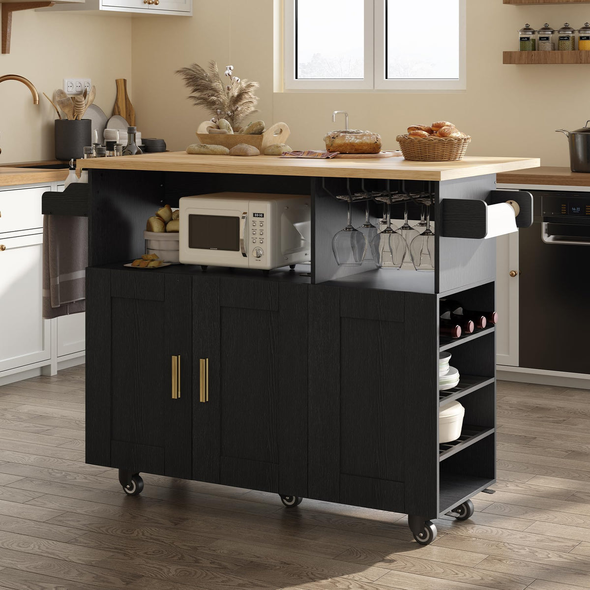 ASTRONAPE Rolling Kitchen Island Cart with Storage, Mobile Kitchen Island with Power Outlet, Large Wood Top, Drawers & Cabinets for Dining Room (White, Model 1)