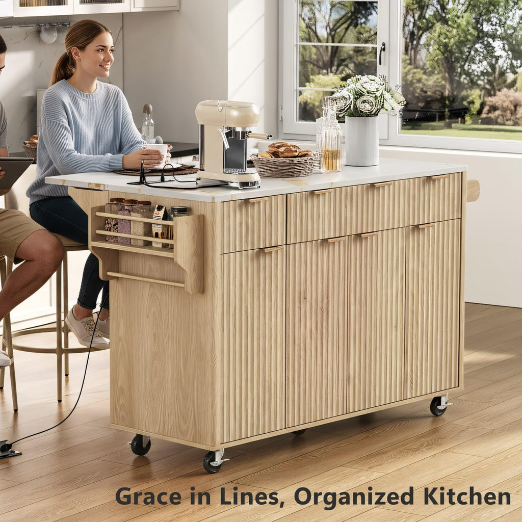 Large Fluted Kitchen Island Cart on Wheels with Storage, Natural
