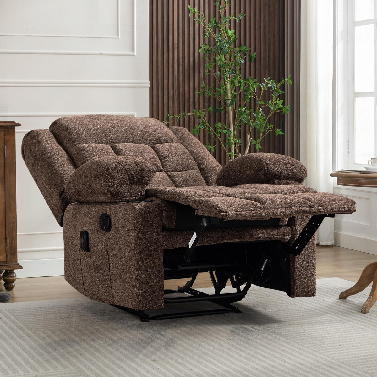 EBELLO Manual Recliner Chair for Adults with Vibration Massage and Lumbar Heating, Soft Fabric Recliner Single Sofa with Side Pocket and Two Cup Holders for Living Room, Grey
