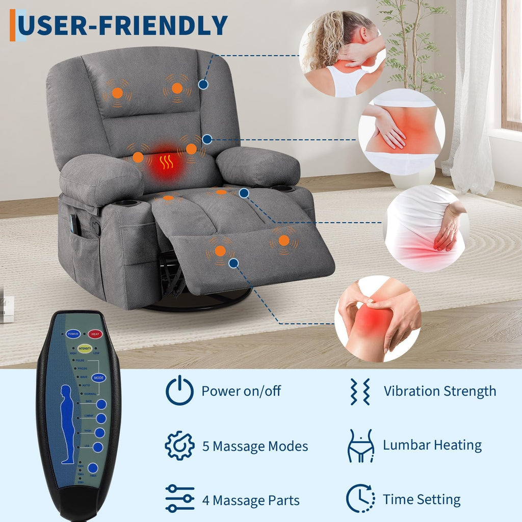 Garvee Oversized Recliner Chair,Extra Wide 360Â° Swivel Rocker Massage Heat