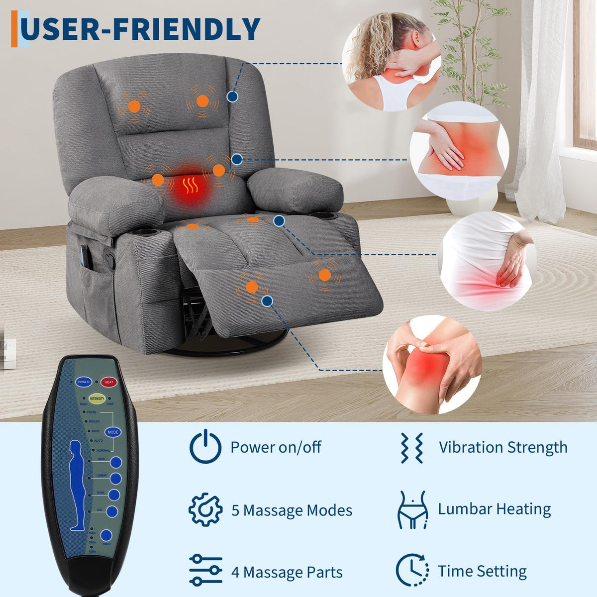 Garvee Oversized Recliner Chair,Extra Wide 360Â° Swivel Rocker Massage Heat