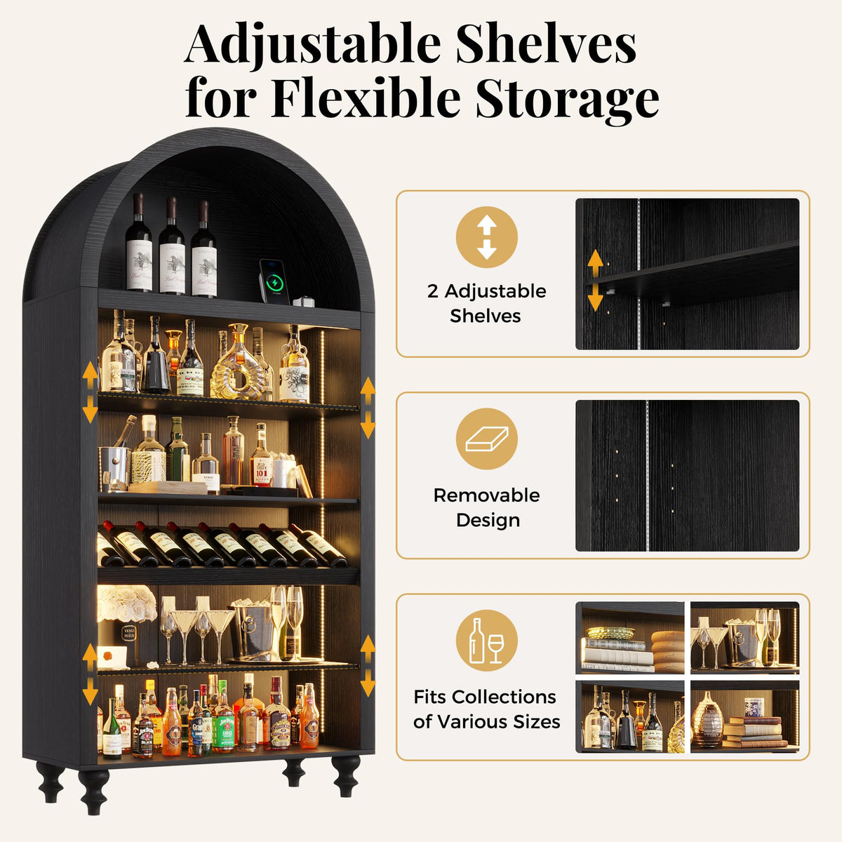 71" Tall Arched Wine Bar Cabinet with Wine Racks & Glass Holder, Wide Liquor Cabinets with LED Lights & Charing Ports, Kitchen Pantry Cupboard, Coffee Bar Storage Cabinet for Home, Dining Room (Oak)