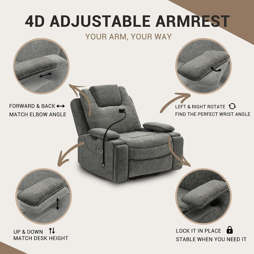 Oversized Dual Motor Recliner Power Lift Chair for Elderly Big Tall, Zero-Gravity Power Recliner Sofa, 350lbs Heavy Duty Seat with 4D Armrests, Phone Slot, Full Lay-Flat Positioning, Gray