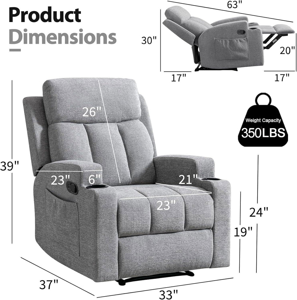 CANMOV Manual Recliner Chair with Massage and Heat, Soft Fabric Recliner Chair with Overstuffed Arm and Back, Manual Reclining Single Sofa with 2 Cup Holders, Side Pocket for Living Room, Dark Grey