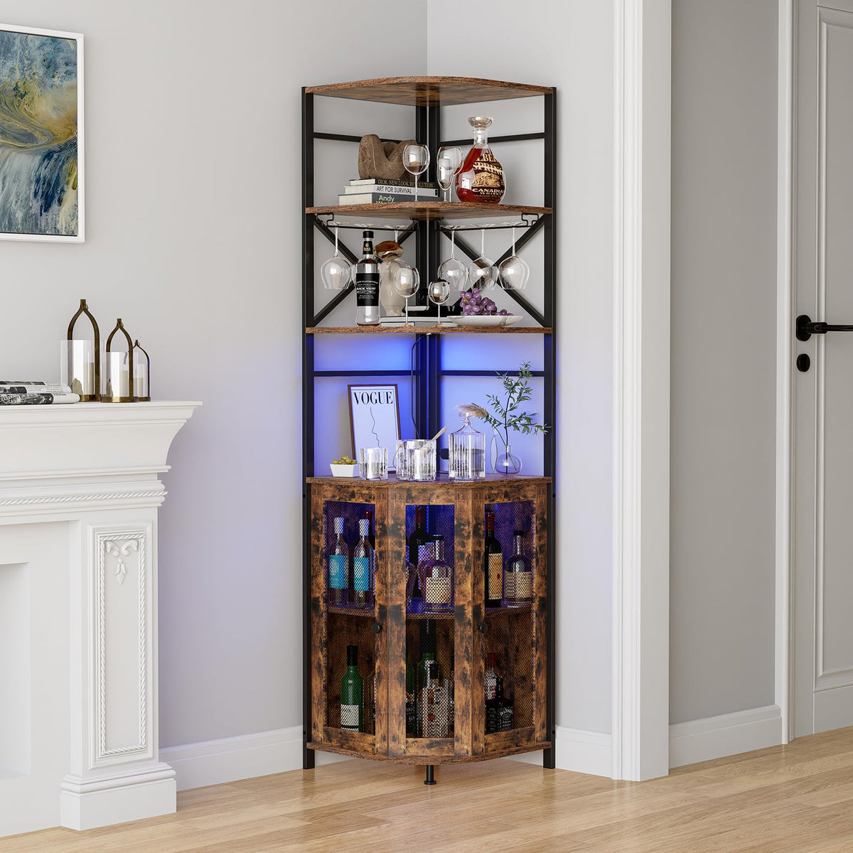 Wine Bar Cabinet with Power Outlet, 6-Tiers Industrial Wine Cabinet with LED Light and Glass Holder, Corner Bar Cabinet with Adjustable Shelf and Mesh Door, Liquor Cabinet Bar for Home