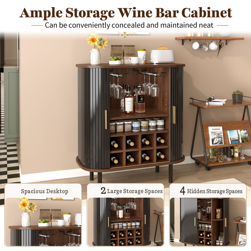 28" Fluted Wine Bar Cabinet with Storage, Modern Liquor Cabinets, Walnut