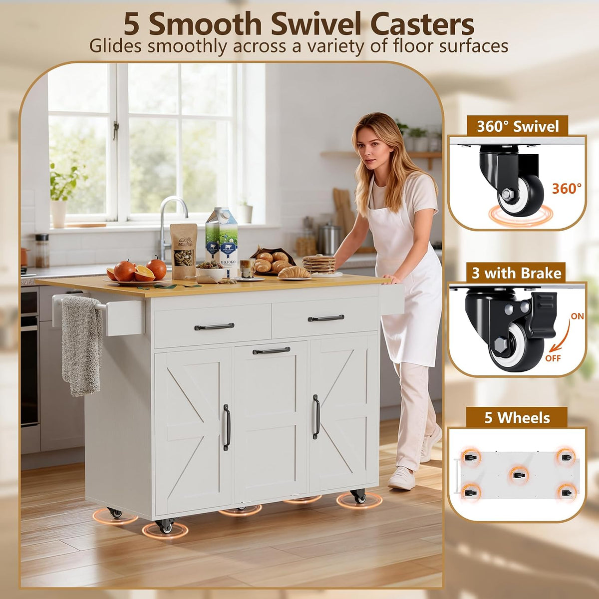 YESHOMY Kitchen Island on Wheels with Trash Cabinet, White & Brown