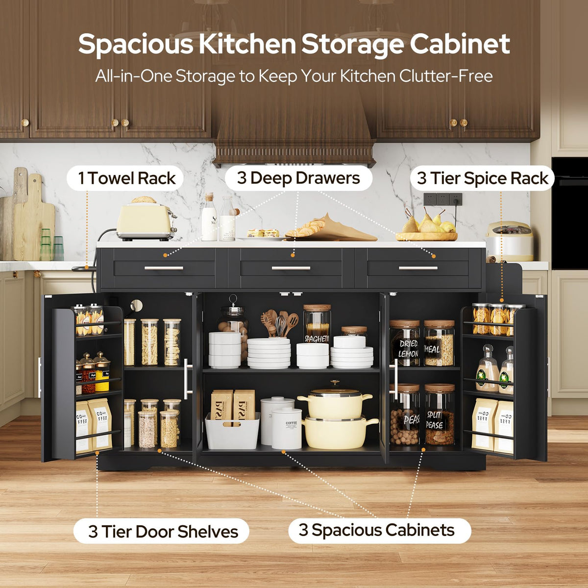 Concho 56" Kitchen Island with Seating Stainless Steel Countertop Black