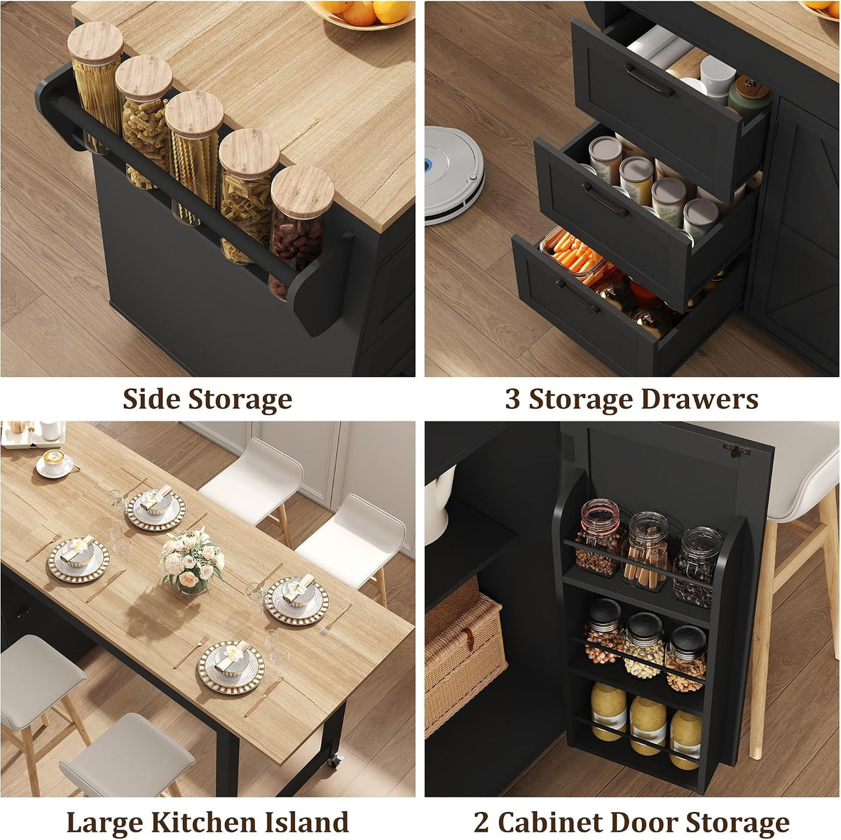St.Mandyu 47â- 90â Flip-Top Kitchen Island with Extendable Dining Table, Mobile Rolling Storage Kitchen Cart with 3 Drawers & Spice Rack, Multi-Functional Bar Island Table Seats 2-4, Black
