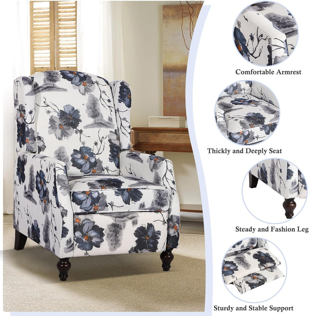 Wingback Recliner Chair - Tufted Arm Chair Recliner - Fabric Push Back Single Sofa for Living Room Adjustable Backrest (Blue Floral)