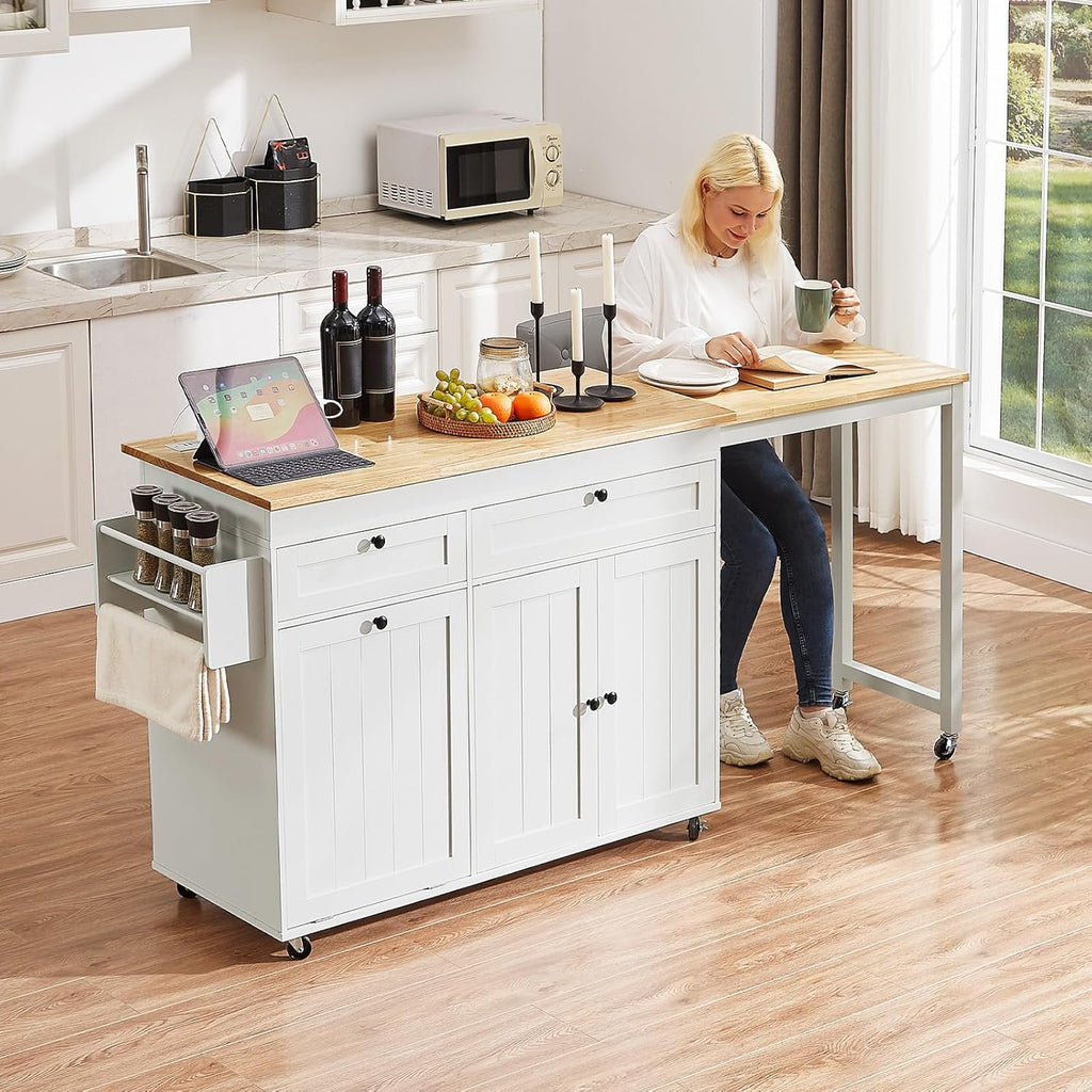 Kitchen Islands with Extendable Dining Table, Mobile Storage Islands, White