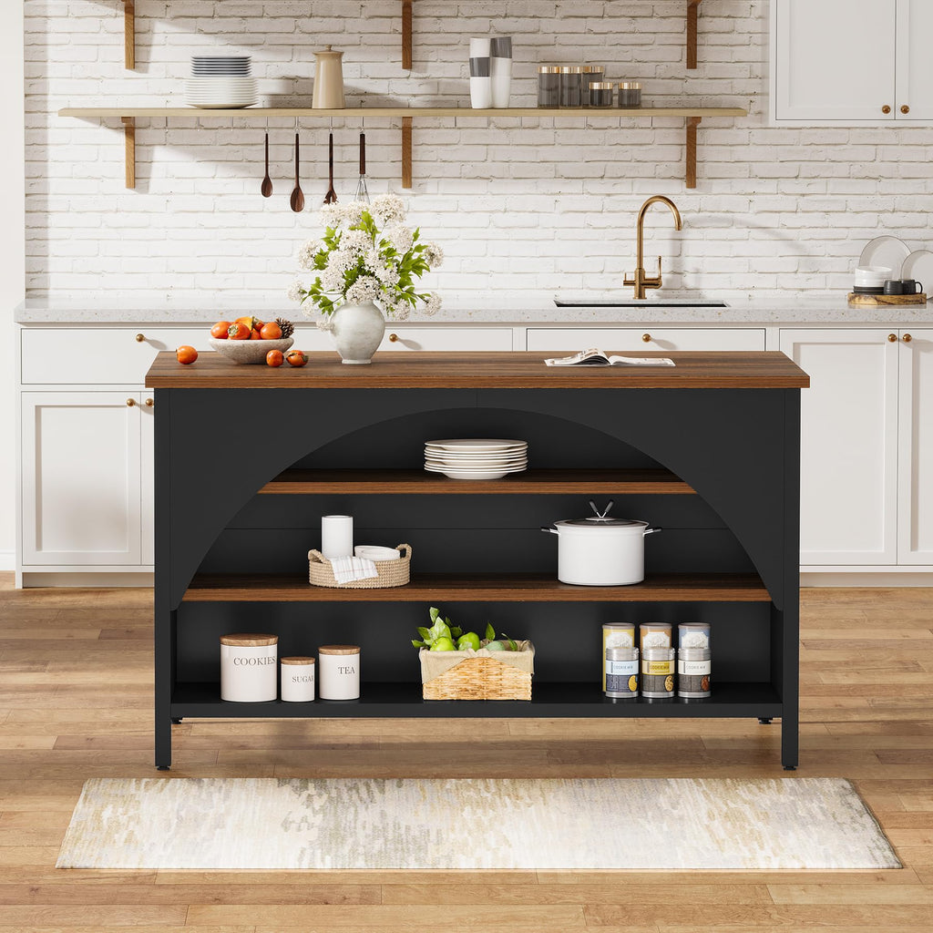 Tribesigns Kitchen Island with 3 Storage Shelves, 55" W Kitchen Shelf with Large Countertop and Seating Area, Modern Wooden Coffee Bar Table (White)