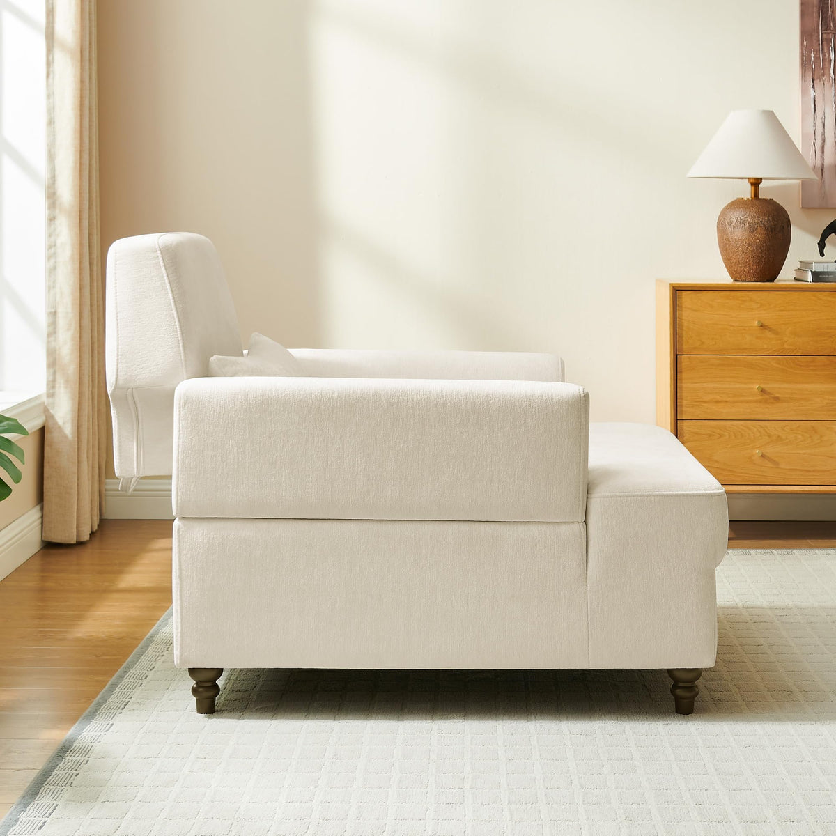Oversized Chaise Lounge Chair with Adjustable Backrest, Polyester White