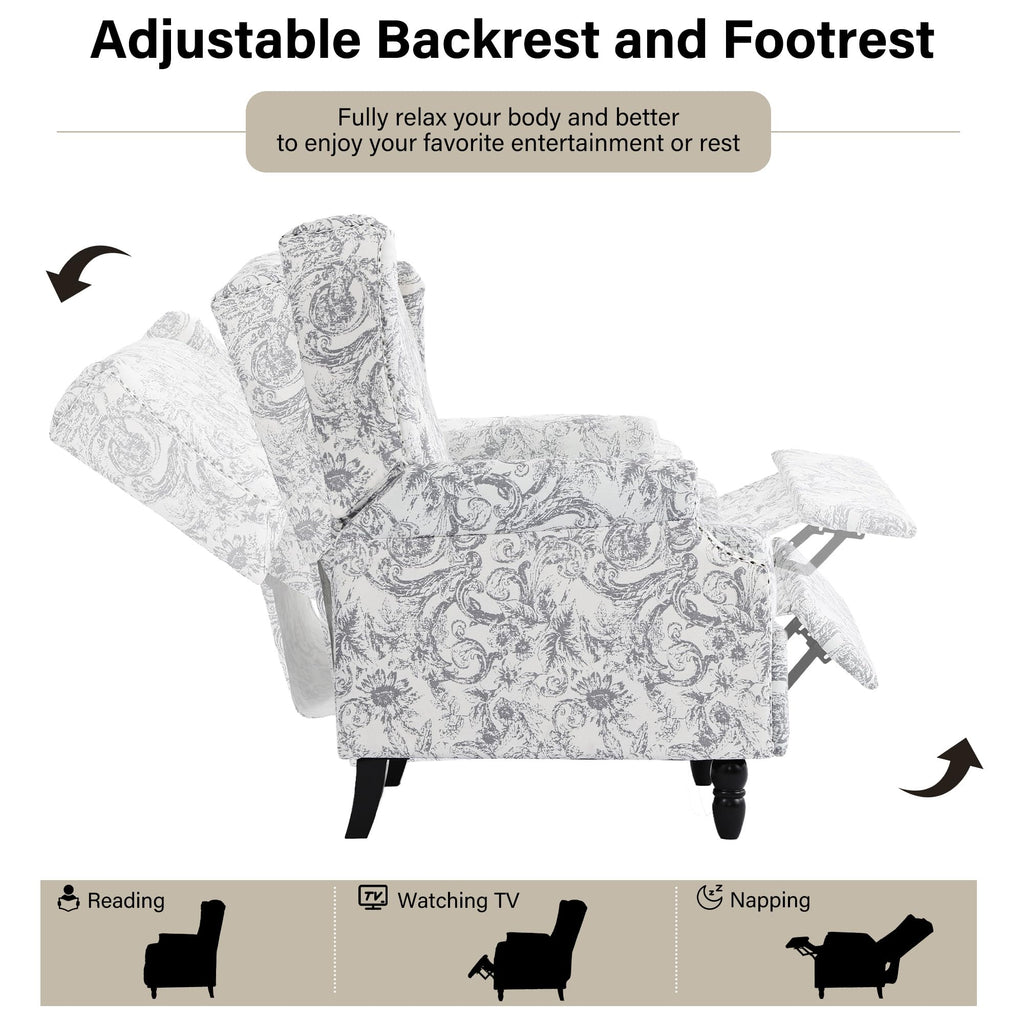 Wingback Floral Pushback Recliner Chair, Plants Beige, Set of 2