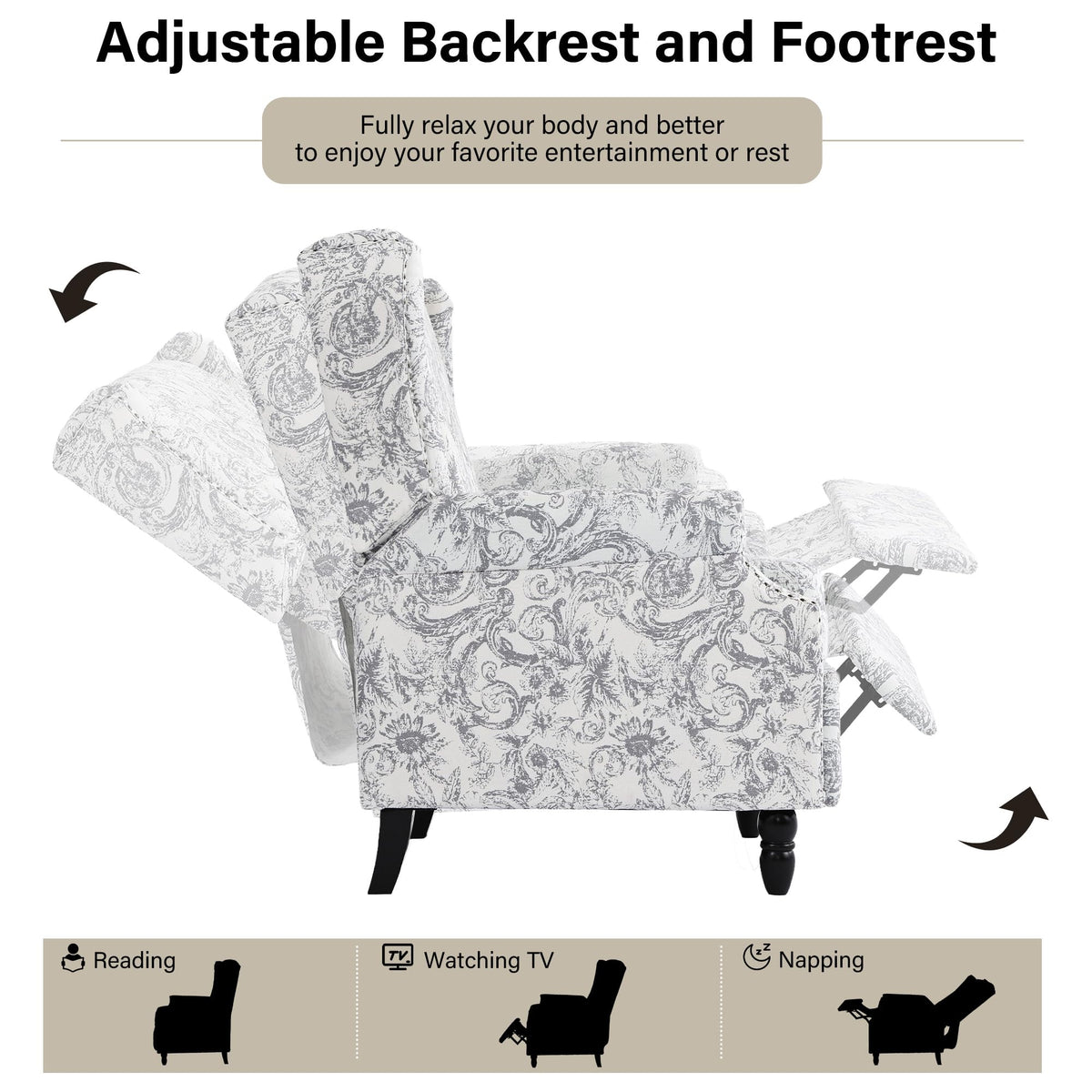 Wingback Floral Pushback Recliner Chair, Plants Beige, Set of 2