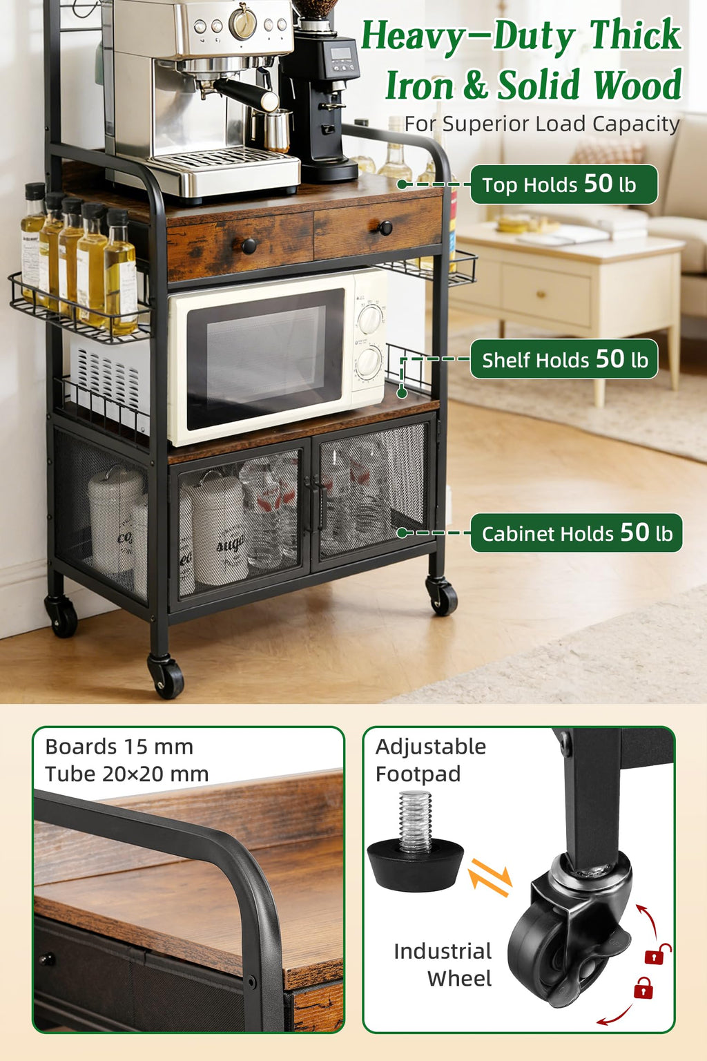 Coffee Bar Cabinet with Storage, Coffee Cart with Wheels, Coffee Station with Coffee Bar Sign and Mug Hook, Corner Coffee Bar Table with Drawer, Bakers Rack for Kitchen Dining Room Living Room Nook