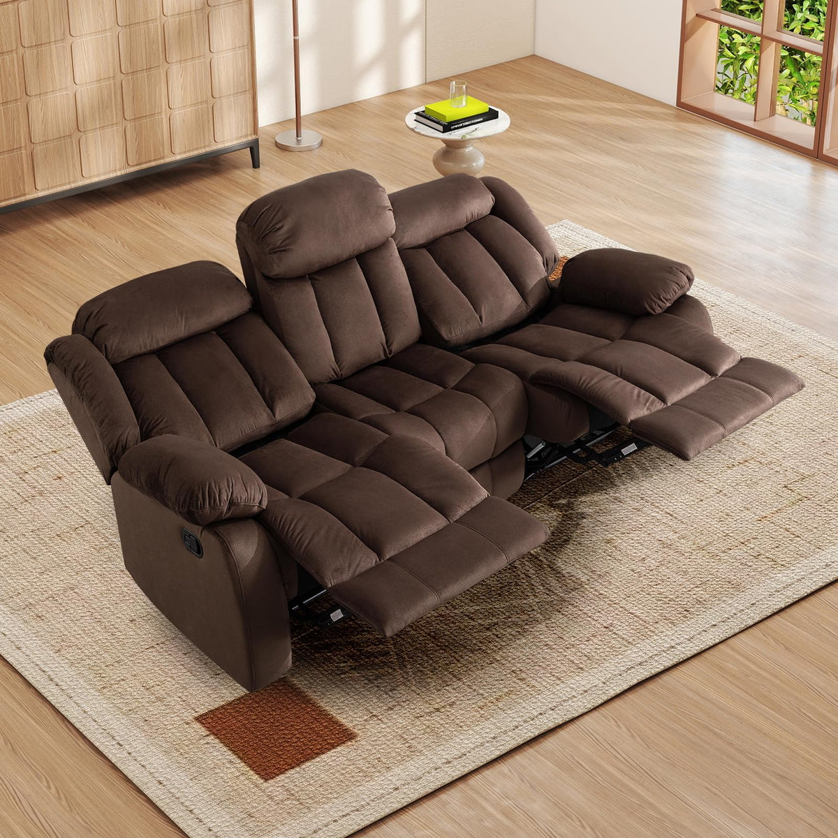 INZOY Manual Recliner Chair with Padded Armrest, Wall-Hugger Single Sofa Recliners with Overstuffed Back, Classical Fabric Reclining Chairs for Living Room Theater Seating, Brown