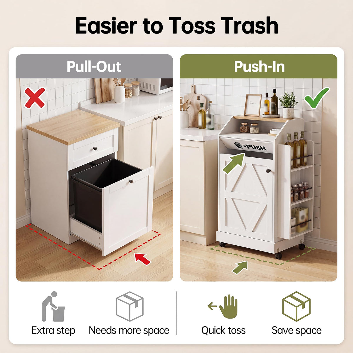 YESHOMY Kitchen Island on Wheels with Trash Cabinet, White & Brown