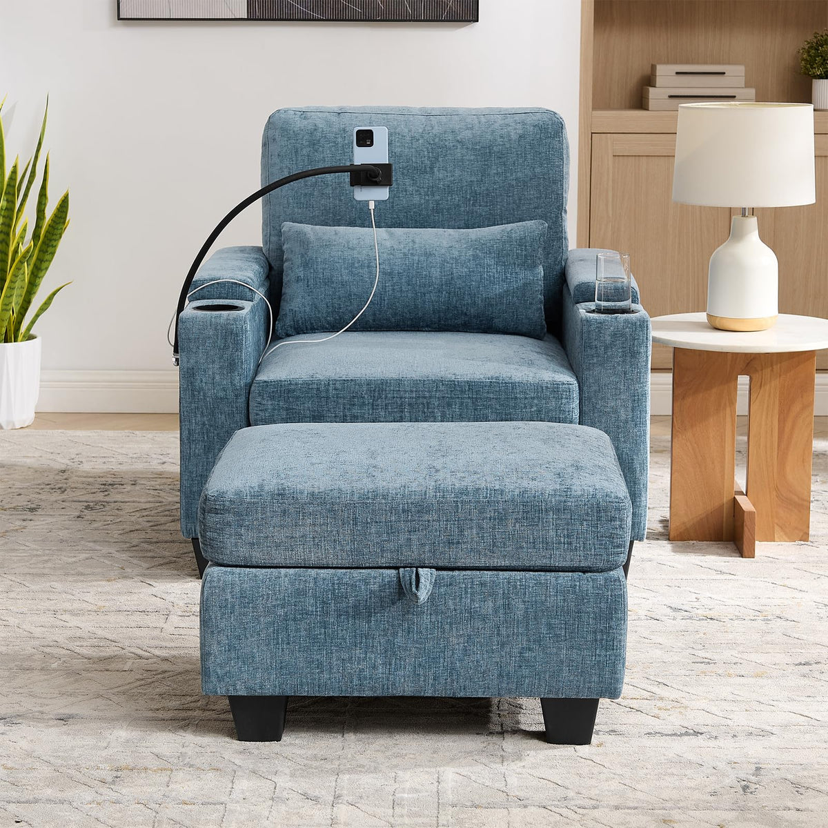 Oversized Chaise Lounge Chair Indoor, Single Convertible Recliner Reading Arm Sofa Chair W/Adjustable Backrest & Charging Port Couch Bed for Living Room, Home Theater & Bedroom, Brown