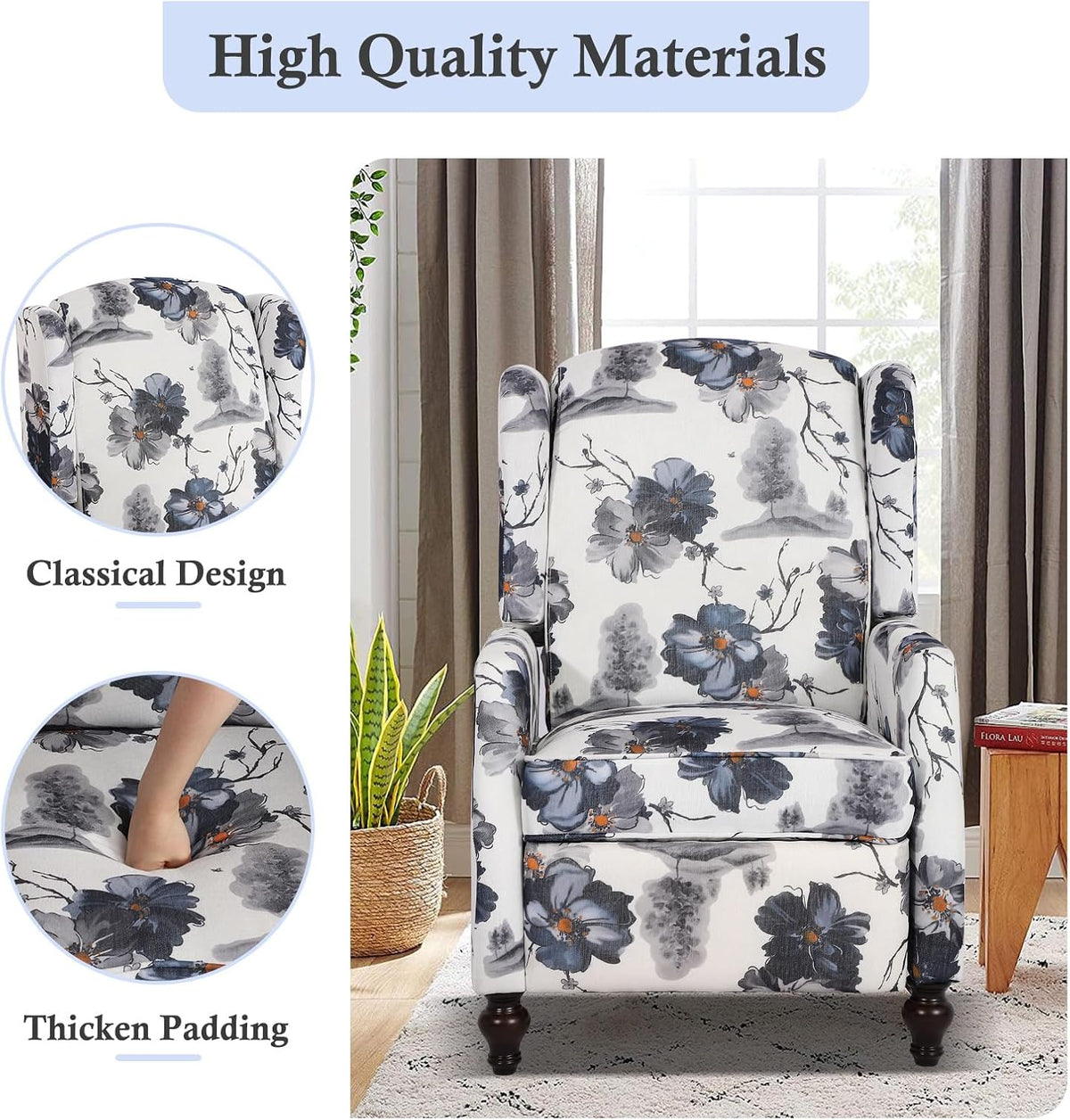 Wingback Recliner Chair - Tufted Arm Chair Recliner - Fabric Push Back Single Sofa for Living Room Adjustable Backrest (Blue Floral)