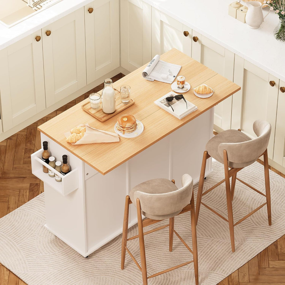 48" Modern Rolling Kitchen Island with Drop Leaf & Trash Can Storage, Mobile Island Table for Kitchen