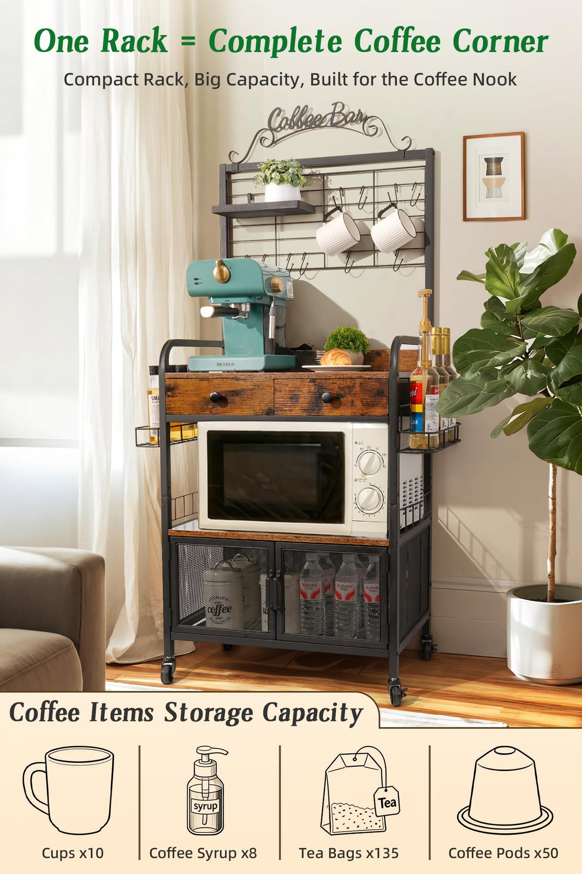 Coffee Bar Cabinet with Storage, Coffee Cart with Wheels, Coffee Station with Coffee Bar Sign and Mug Hook, Corner Coffee Bar Table with Drawer, Bakers Rack for Kitchen Dining Room Living Room Nook