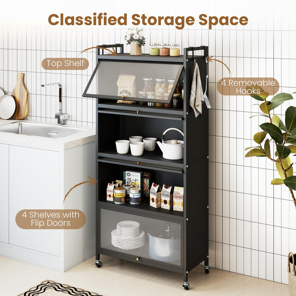 GIANTEX 5-Tier Kitchen Storage Cabinet, 4 PC Doors, Rolling Wheels, White
