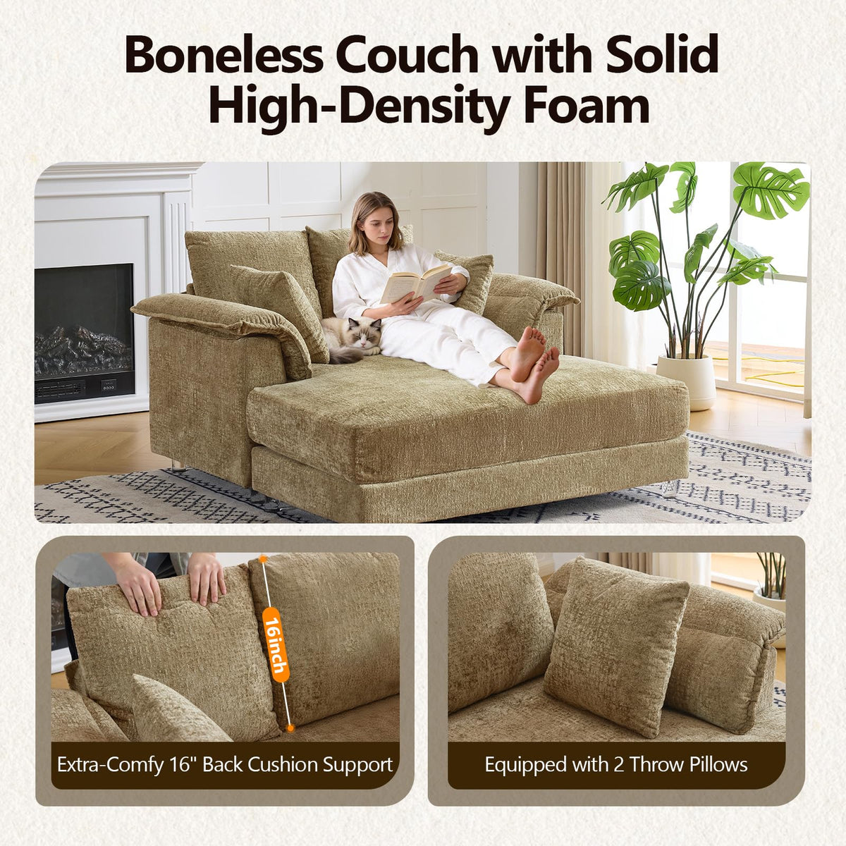 VINGLI 56" Wide Oversized Chaise Lounge Chair with Plush Padded Armrests