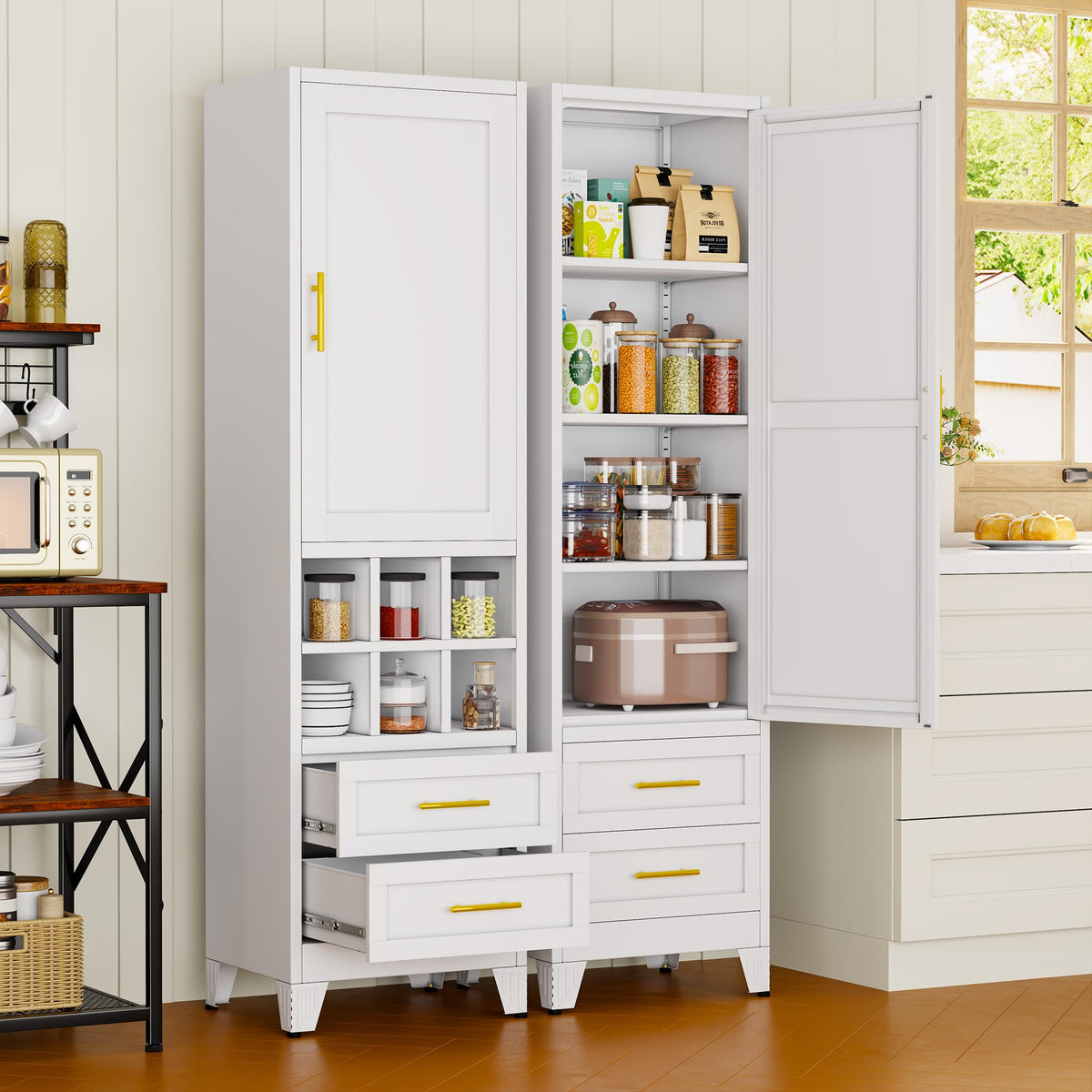 67" Tall Metal Pantry Cabinet, Narrow Freestanding Storage Cabinet, Black