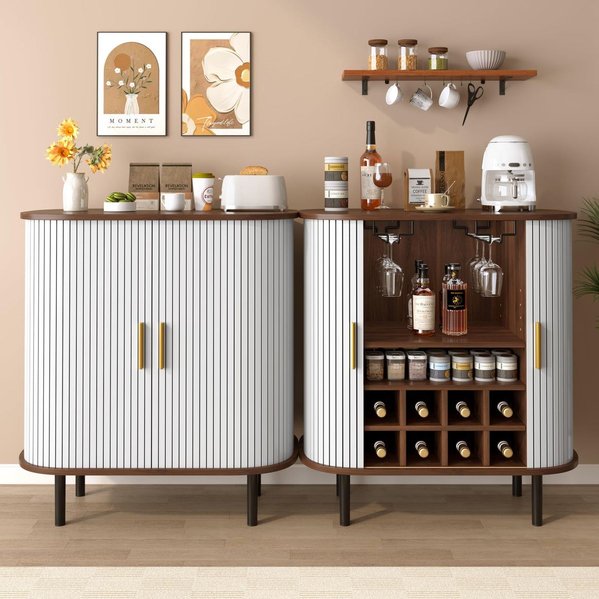 Natural Wine & Coffee Bar Cabinet with Gold Handle & Sliding Tambour Doors,Modern Curved Liquor Cabinet Coffee Station with 8*Wine Rack & 2*Glass Holders,5-Level Adjustable Shelf & Side Hidden Storage