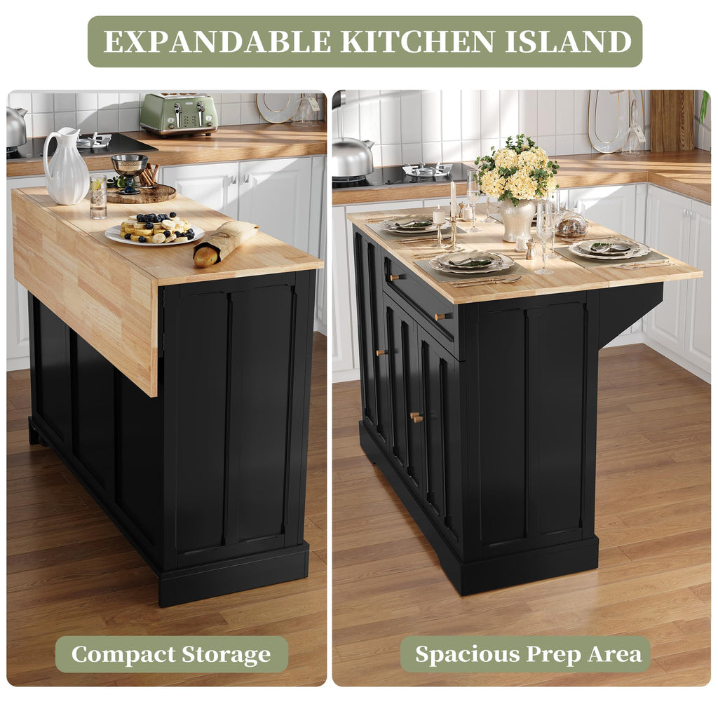 HLR Kitchen Island with Drop Leaf & Storage, Solid Rubber Wood Top Rolling Kitchen Cart with Carved Recessed Panel Doors, Large Mobile Island Table on Wheels for Kitchen, Dining Room (Green)