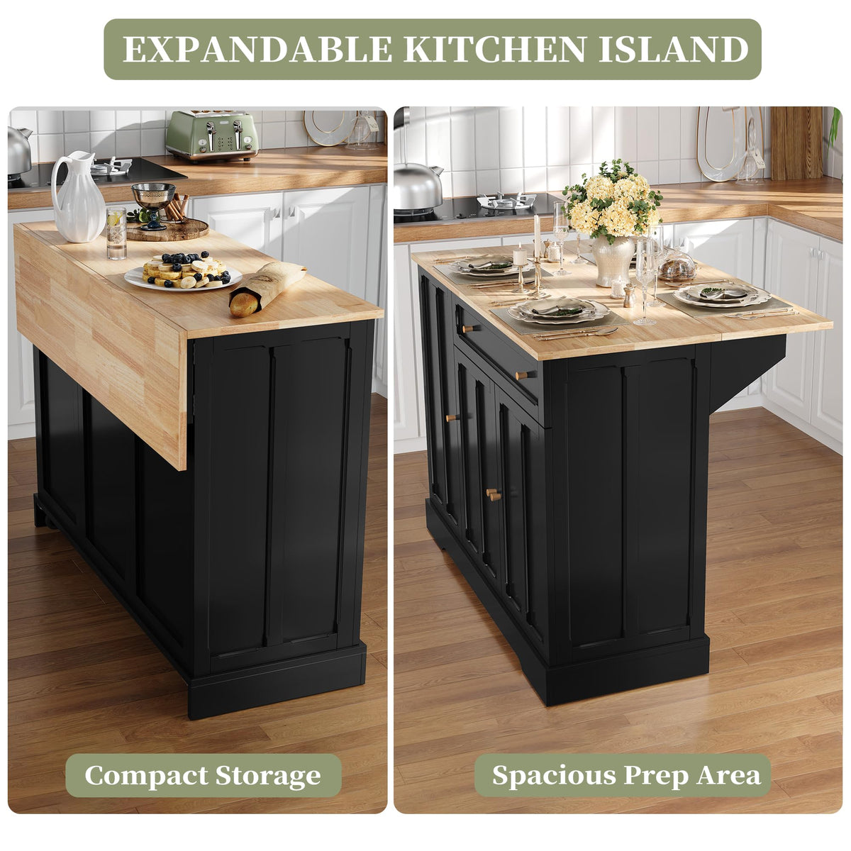 HLR Kitchen Island with Drop Leaf & Storage, Solid Rubber Wood Top Rolling Kitchen Cart with Carved Recessed Panel Doors, Large Mobile Island Table on Wheels for Kitchen, Dining Room (Green)