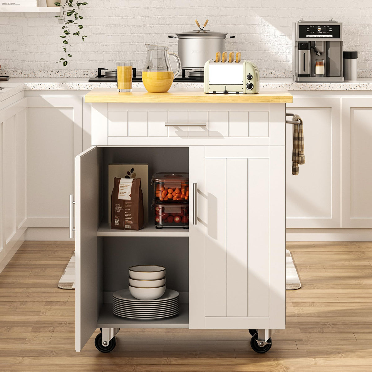 SUNLEI Kitchen Island Cart on Wheels with Storage Cabinet & Drawer, 26" Width Rolling Kitchen Table, Cart Handle for Towel Rack or Free Mobility, Kitchen Cart, Dining Room(Black)