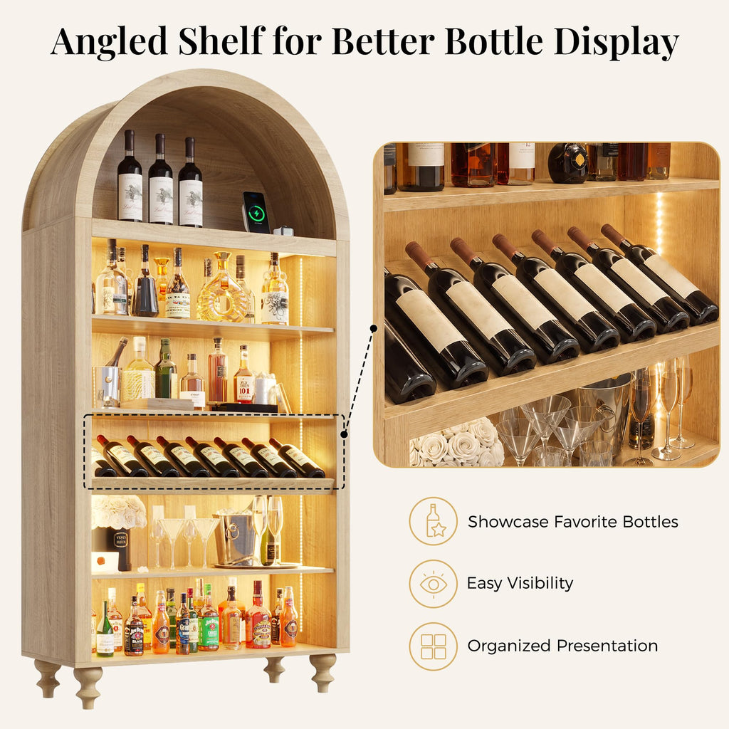 71" Tall Arched Wine Bar Cabinet with Wine Racks & Glass Holder, Wide Liquor Cabinets with LED Lights & Charing Ports, Kitchen Pantry Cupboard, Coffee Bar Storage Cabinet for Home, Dining Room (Oak)