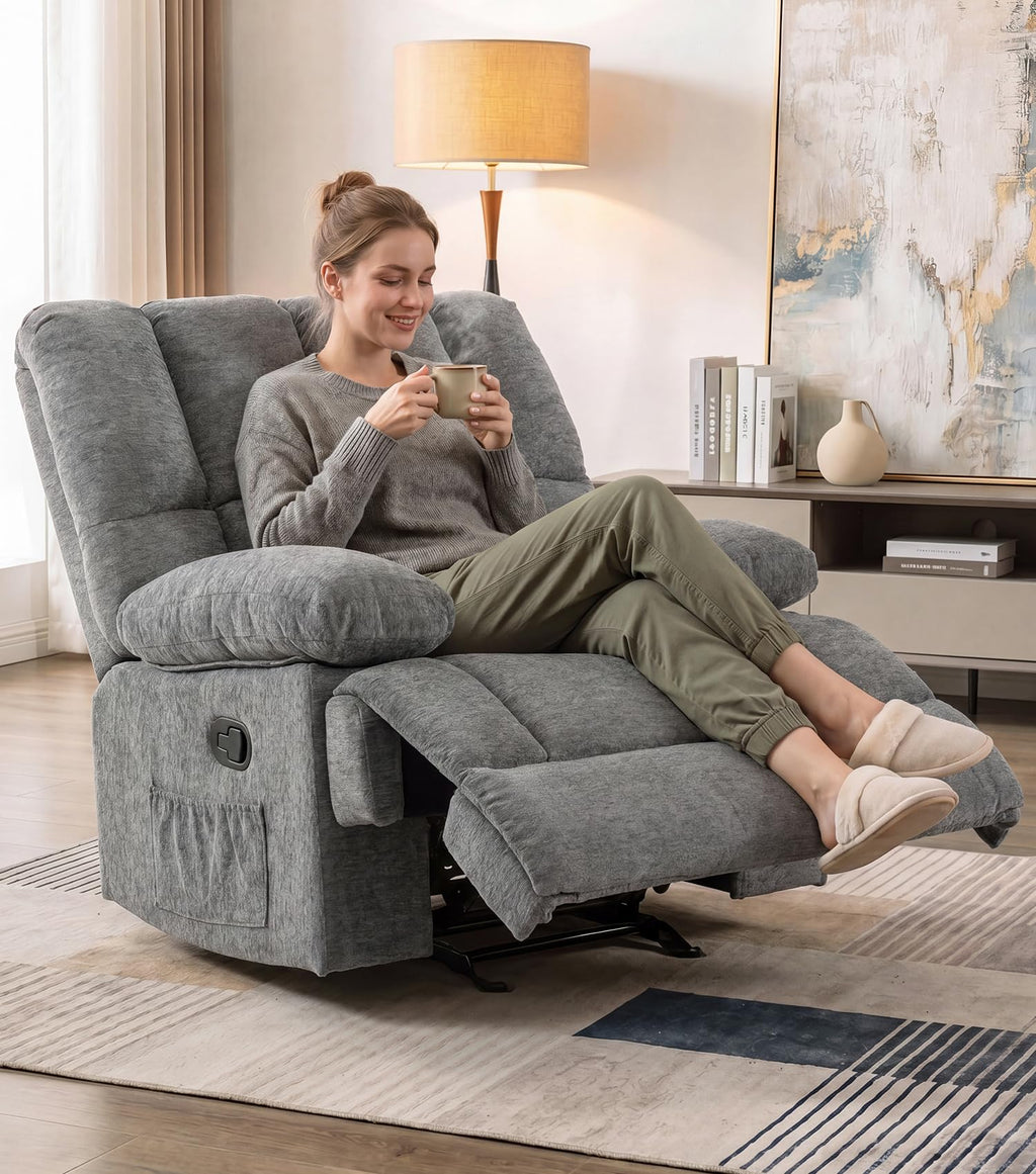 WILLOVE 41" Oversized Rocker Recliner Chair, Rocking Recliners Overstuffed Soft Big Man Manual Recliner, Extra Large Chenille Living Room Chair 350 LBS Capacity, Grey, L