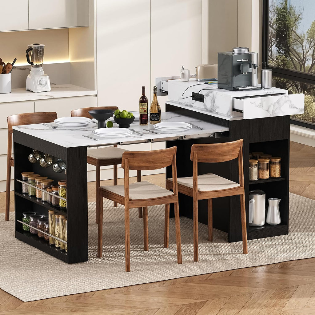 Extendable Dining Table with Folding Tabletop & Power Outlet, Modern Kitchen Island Sideboard with Wheels, Hidden Drawers & USB Charging, Sturdy Buffet Table for Small Spaces (Black)