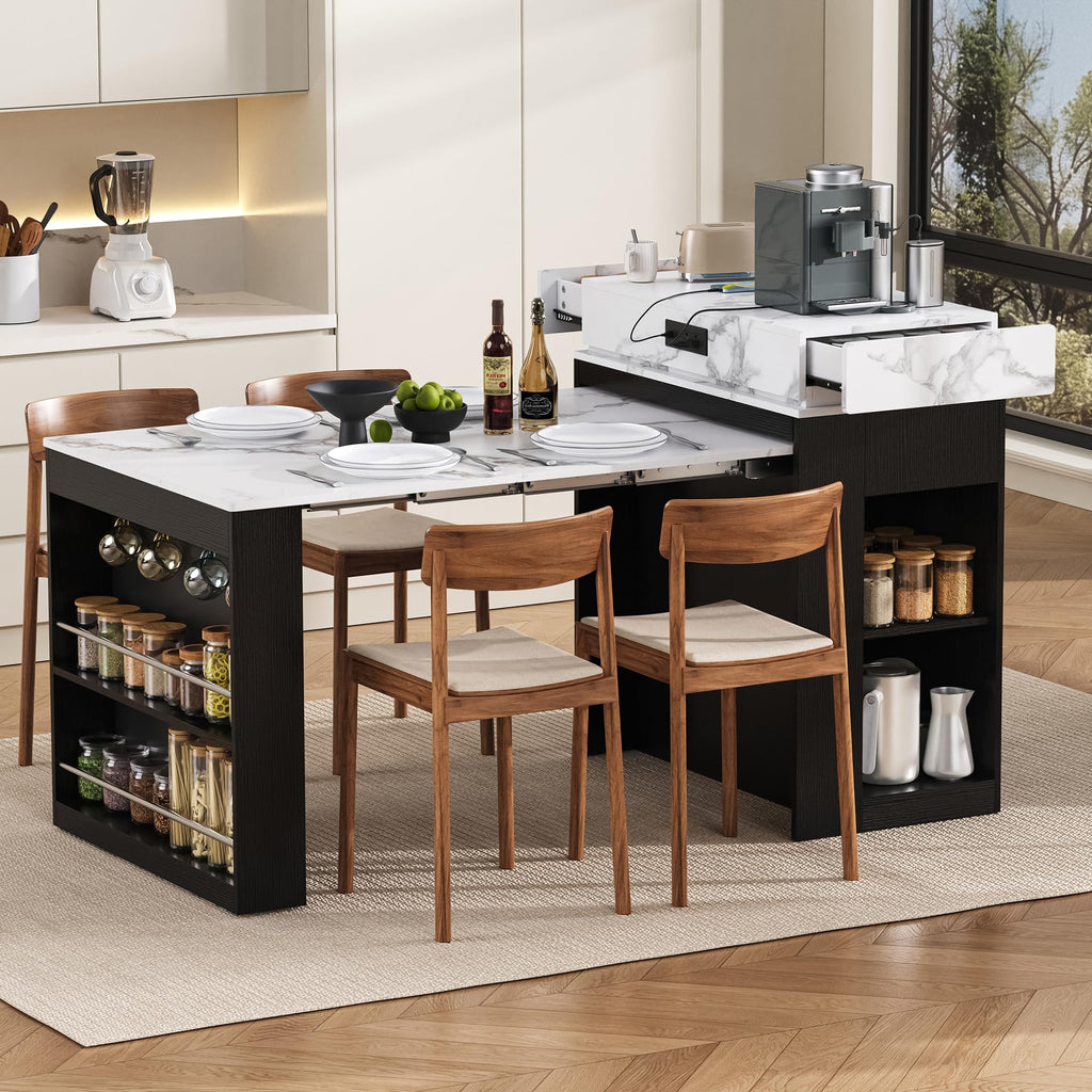 Extendable Dining Table with Folding Tabletop & Power Outlet, Modern Kitchen Island Sideboard with Wheels, Hidden Drawers & USB Charging, Sturdy Buffet Table for Small Spaces (Black)