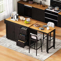 Large Kitchen Island with Extended Dining Table and Power Outlet, Rolling Kitchen Storage Cart with 3 Drawers, Kitchen Island on Wheels with Spice Rack and 2 Door Cabinet, Black