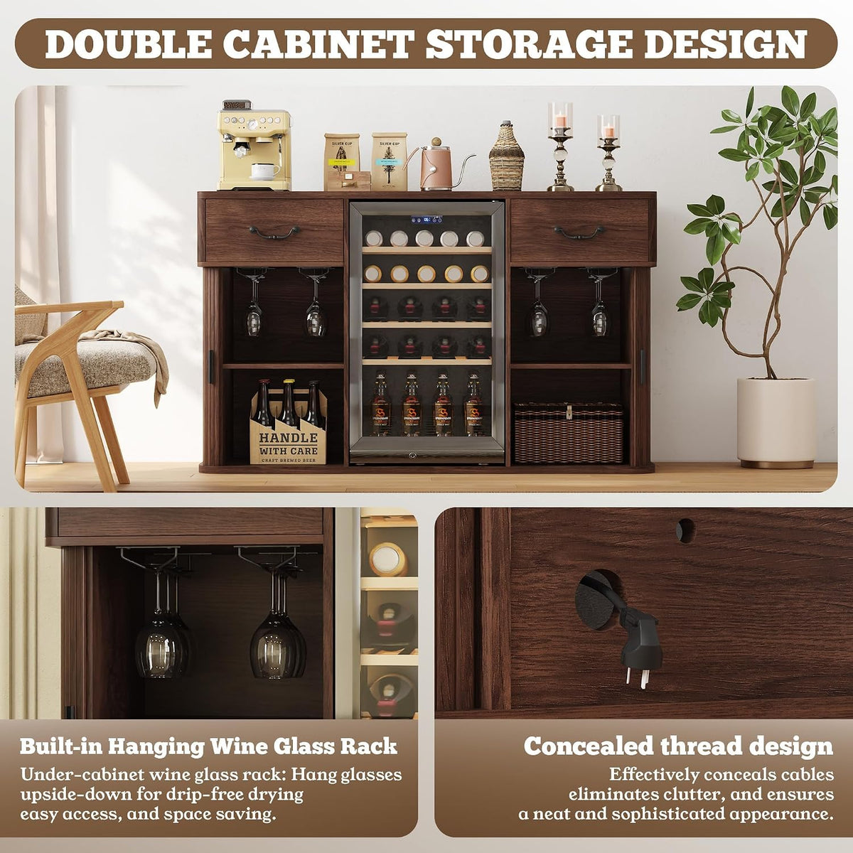 Large Coffee Bar Cabinet with Mini Fridge Space, Liquor Wine Bar Cabinet with Drawer and Glass Holder, Buffet Sideboard Table for Kitchen, Dining Room, Living Room