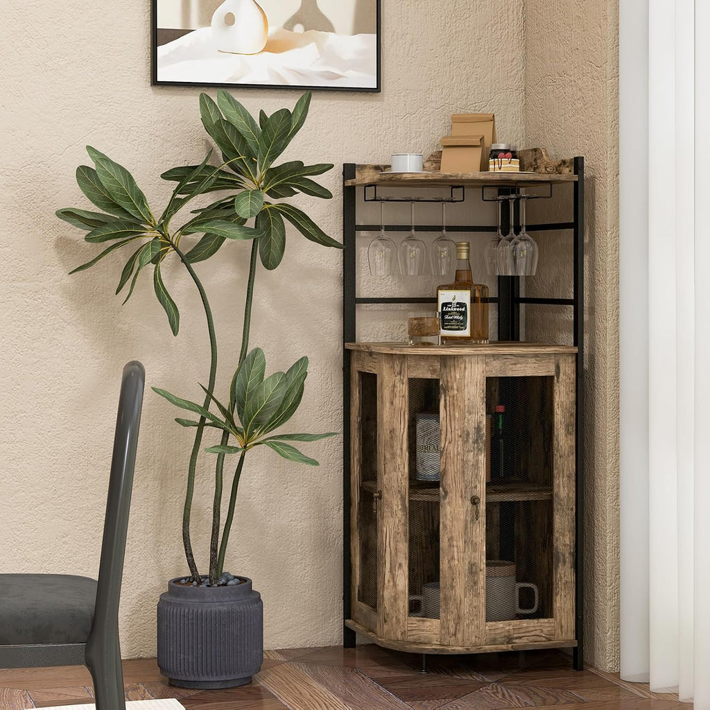 LOKO Corner Wine Bar Cabinet with Metal Mesh Doors, Glass Holder, Taupe